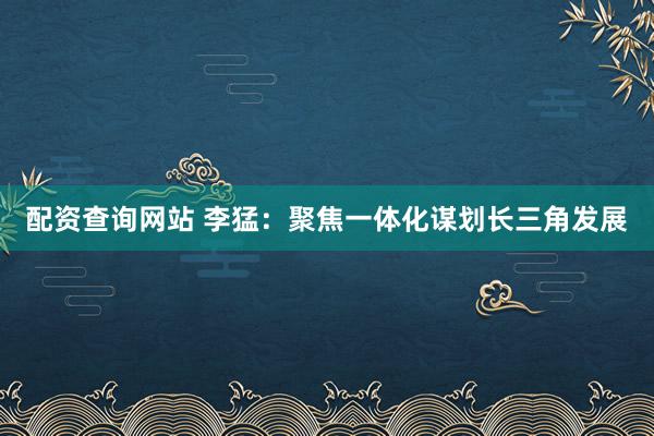 配资查询网站 李猛：聚焦一体化谋划长三角发展